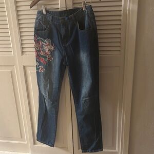 Liebo Vibrant Dragon Embroidered Denim Jeans, Accents at Knees Size 30